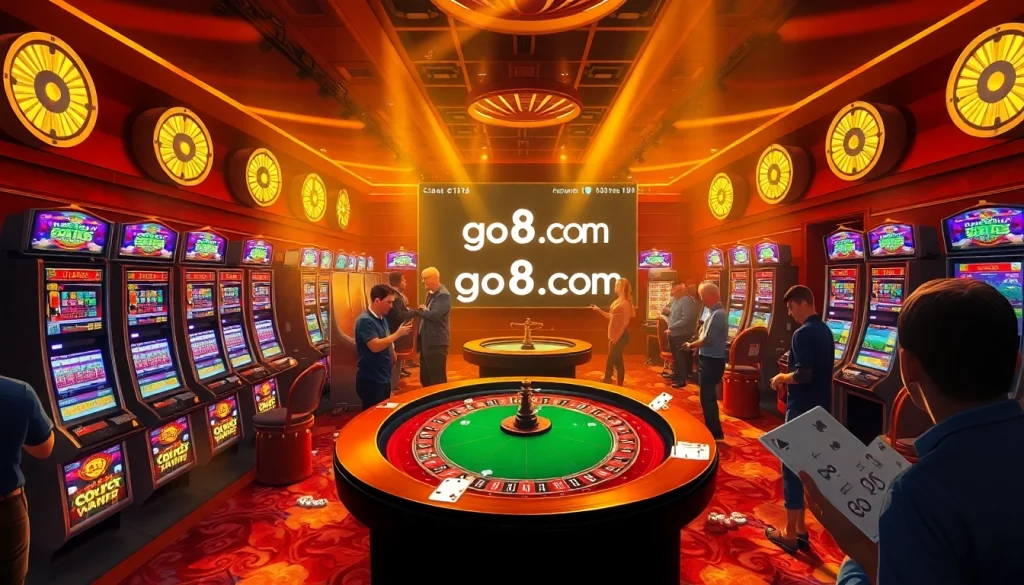 Go8 com captures the thrill of players engaging at a grand casino table with roulette and vibrant slot machines.
