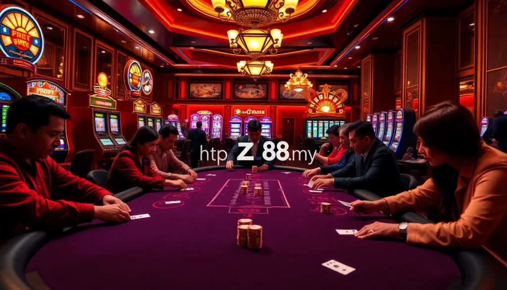 Players enjoying a high-stakes poker game at https://hz88.my/ online casino, illuminated by vibrant lights.